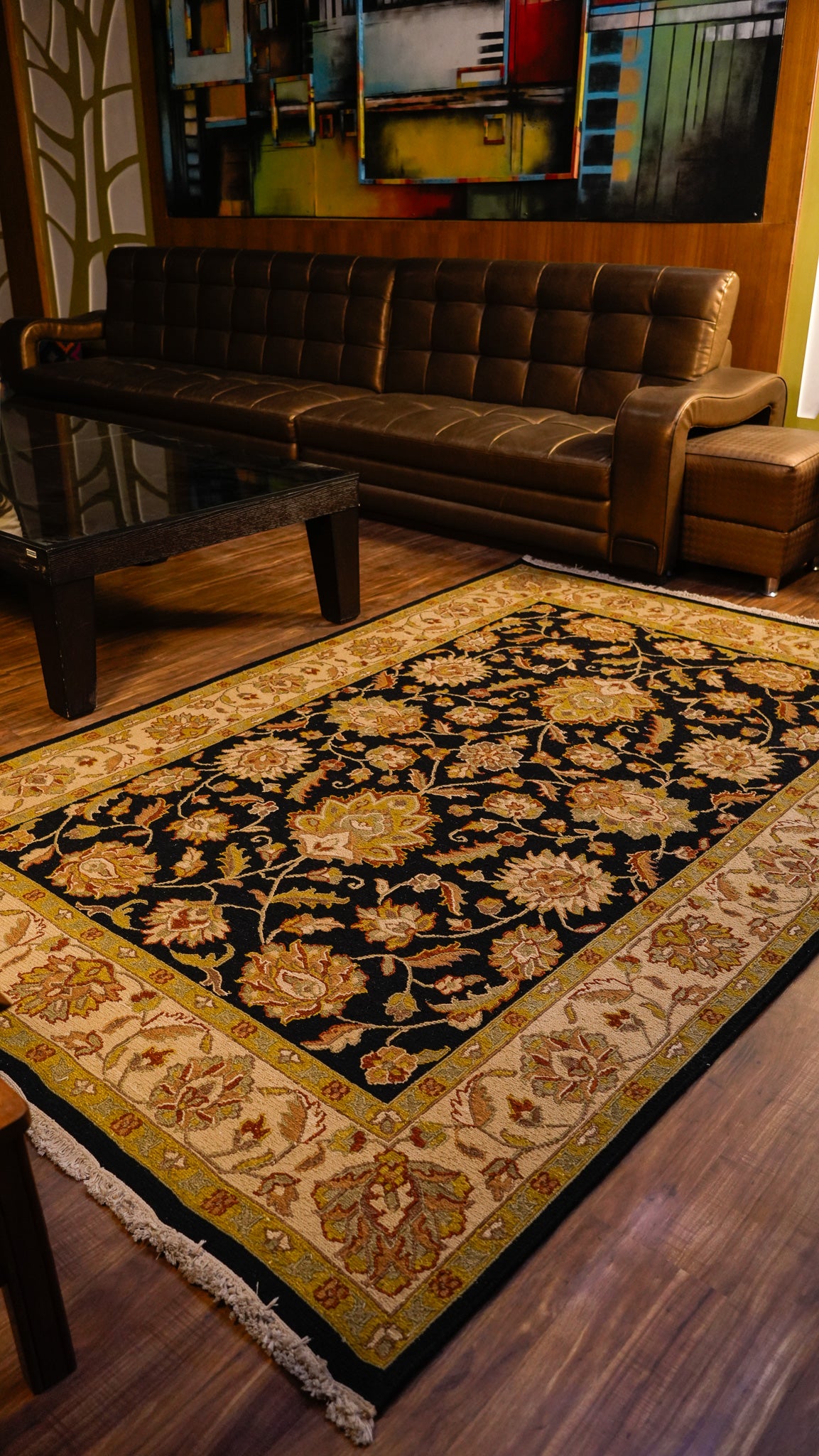 Golden Floral Elegance Hand-Knotted Woolen Soumak Carpet