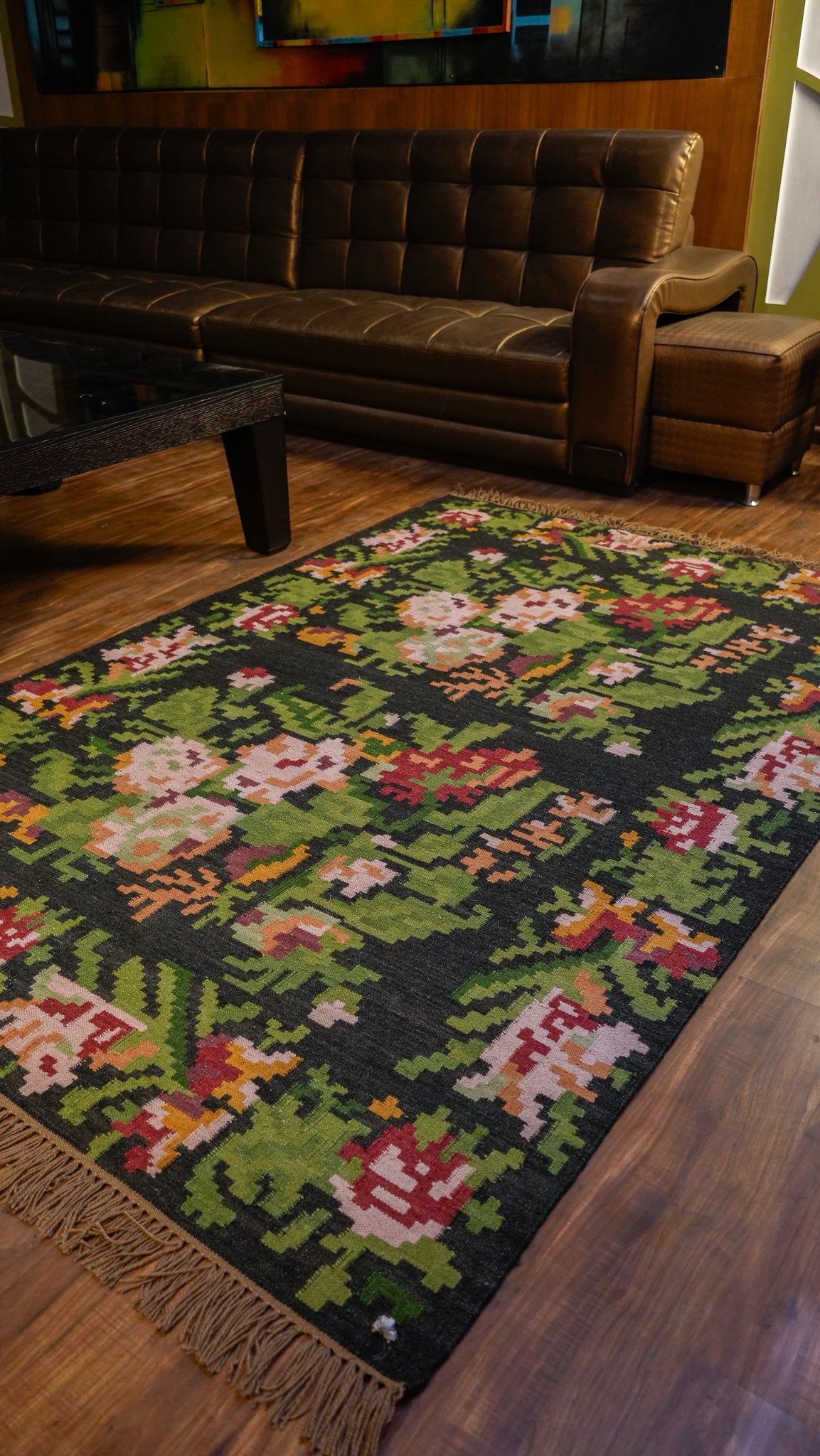 Floral Pixel Garden Hand-Woven Woolen Kilim Rug