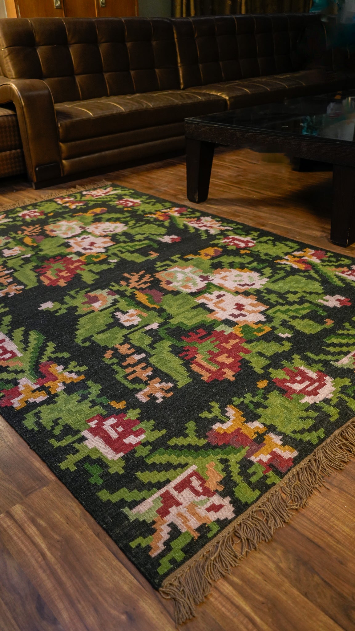 Floral Pixel Garden Hand-Woven Woolen Kilim Rug